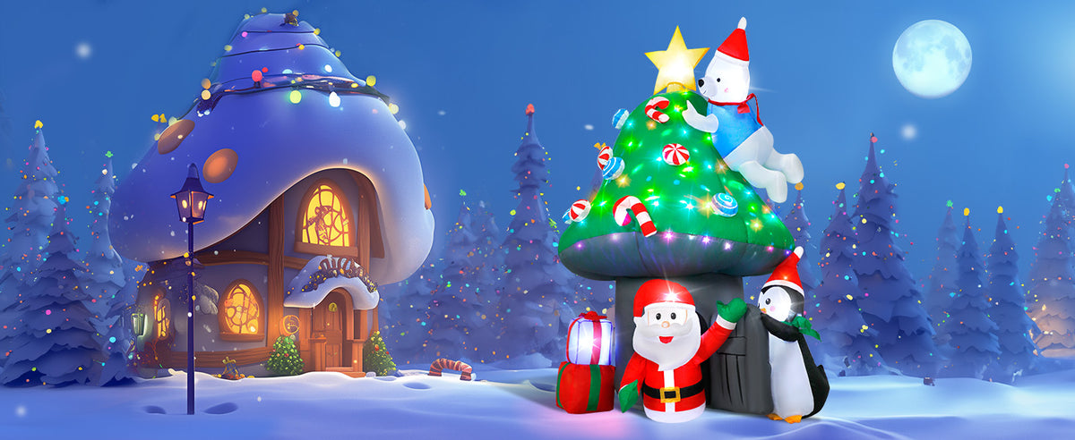 7FT inflatable Christmas mushroom house with Santa, polar bear and penguin for yard decoration