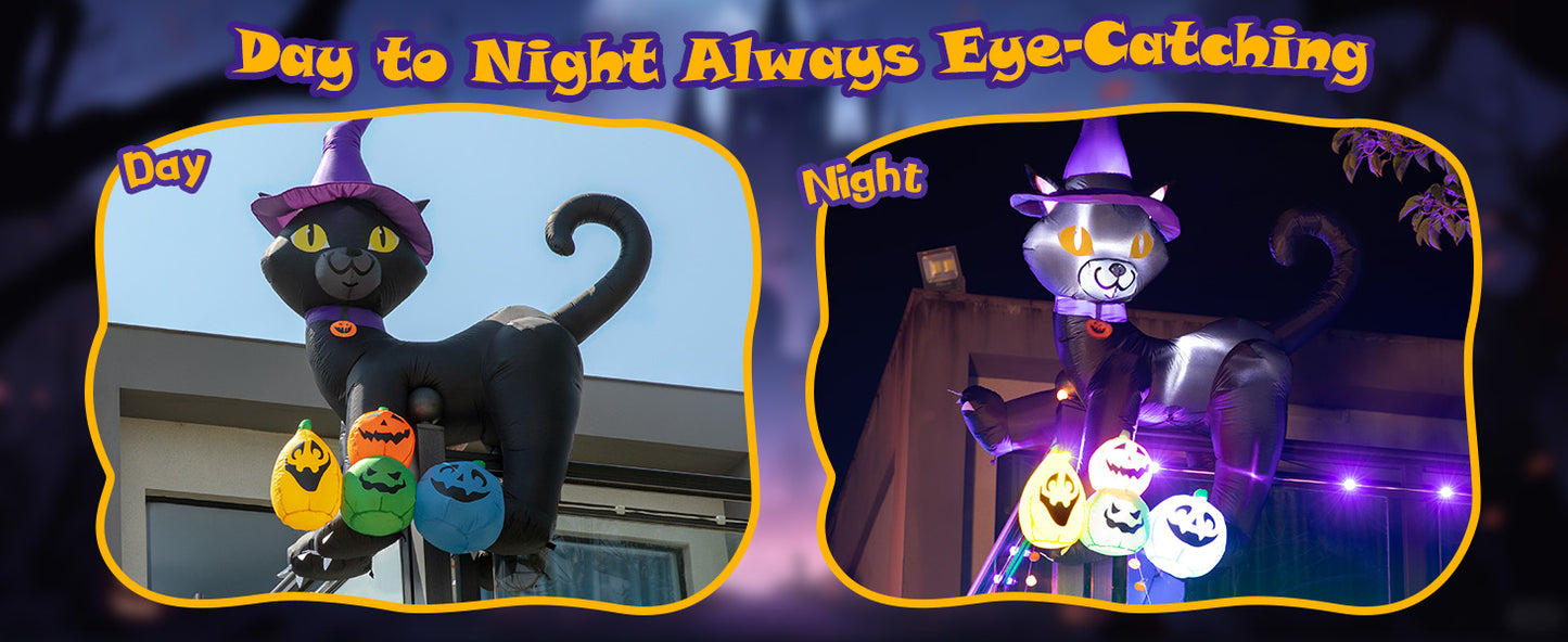 6FT Inflatable Black Cat with Witch Hat Decoration with LED Lights for Yard & Halloween Party - view 16