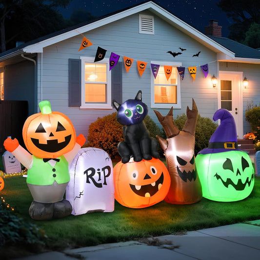 8.5FT inflatable pumpkin and black cat lit up in a Halloween yard