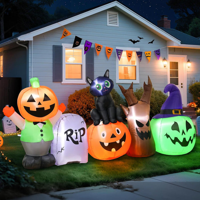 8.5FT inflatable pumpkin and black cat lit up in a Halloween yard