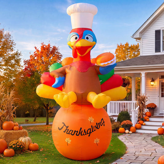 Dawdix chef turkey inflatable holding a burger on a Thanksgiving pumpkin base