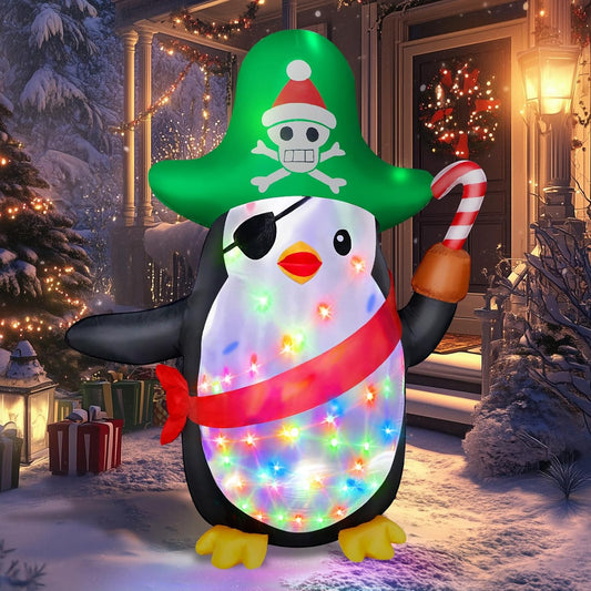 6FT Inflatable Pirate Penguin Decoration with Rotating Colored LED for Yard & Christmas Party - view 1