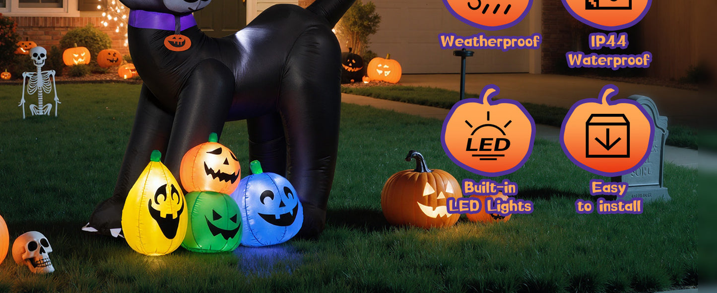 6FT Inflatable Black Cat with Witch Hat Decoration with LED Lights for Yard & Halloween Party - view 10