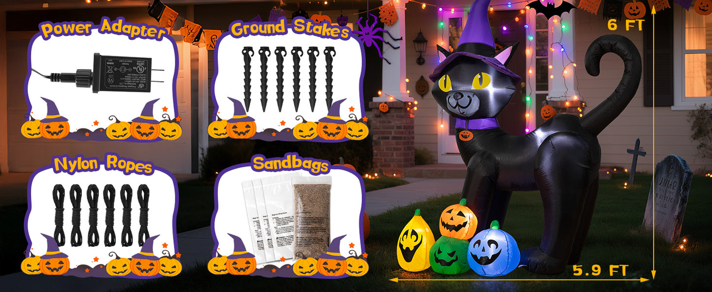6FT Inflatable Black Cat with Witch Hat Decoration with LED Lights for Yard & Halloween Party - view 11
