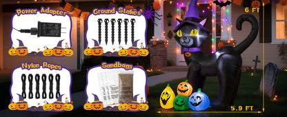 6FT Inflatable Black Cat with Witch Hat Decoration with LED Lights for Yard & Halloween Party - view 11