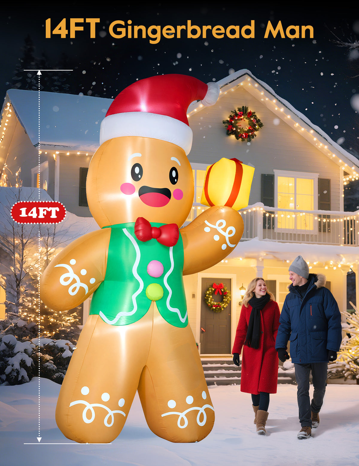 14FT giant inflatable gingerbread man in a Santa hat holding a gift box