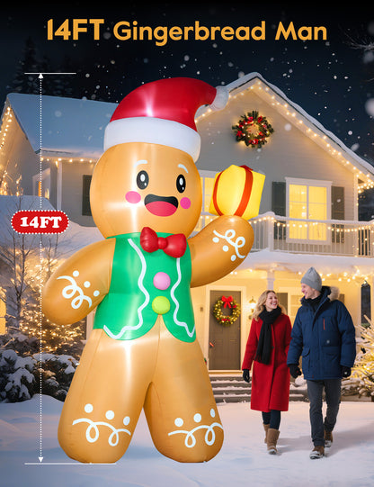 14FT giant inflatable gingerbread man in a Santa hat holding a gift box