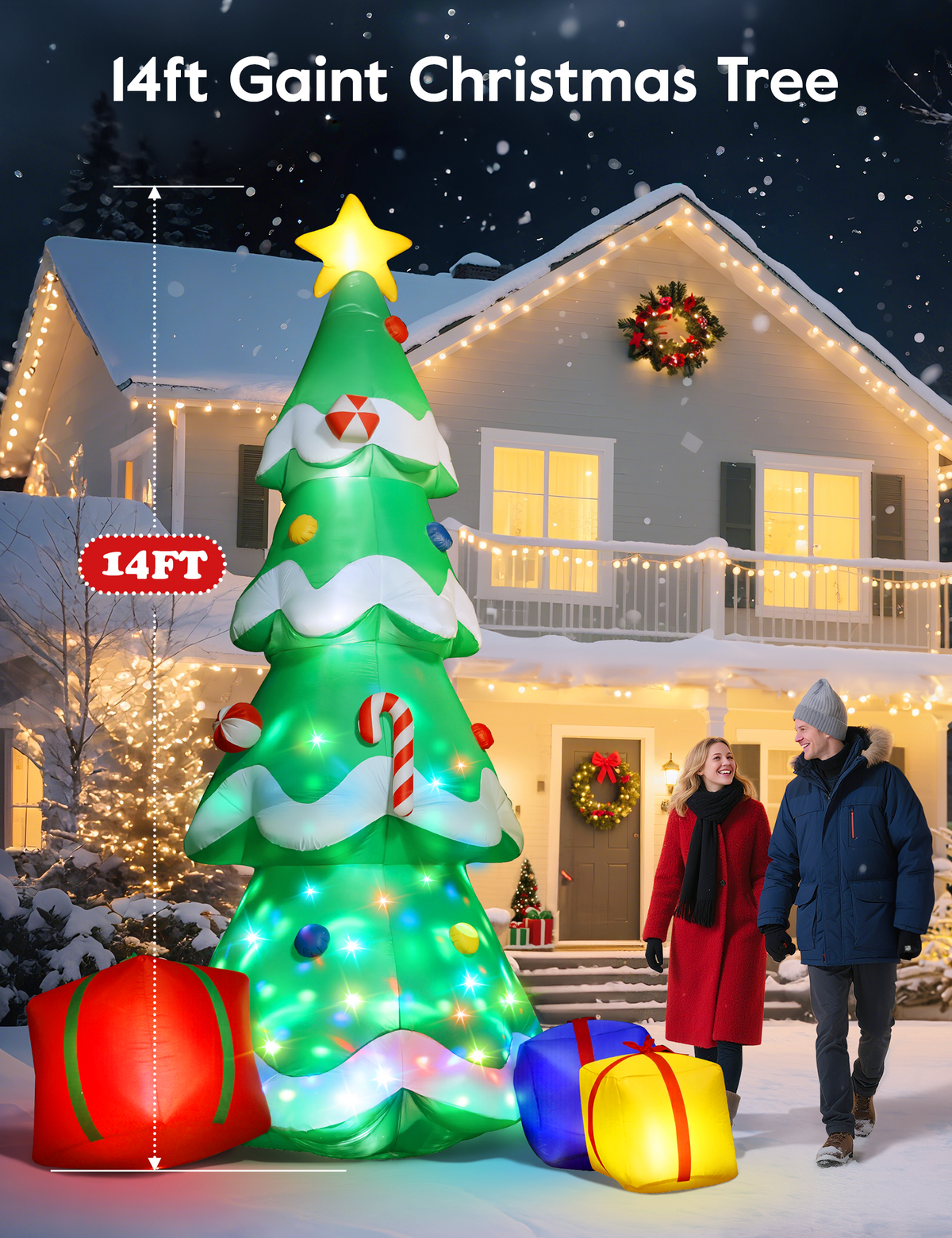 14FT giant inflatable Christmas tree with star topper, candy canes and 3 gift boxes