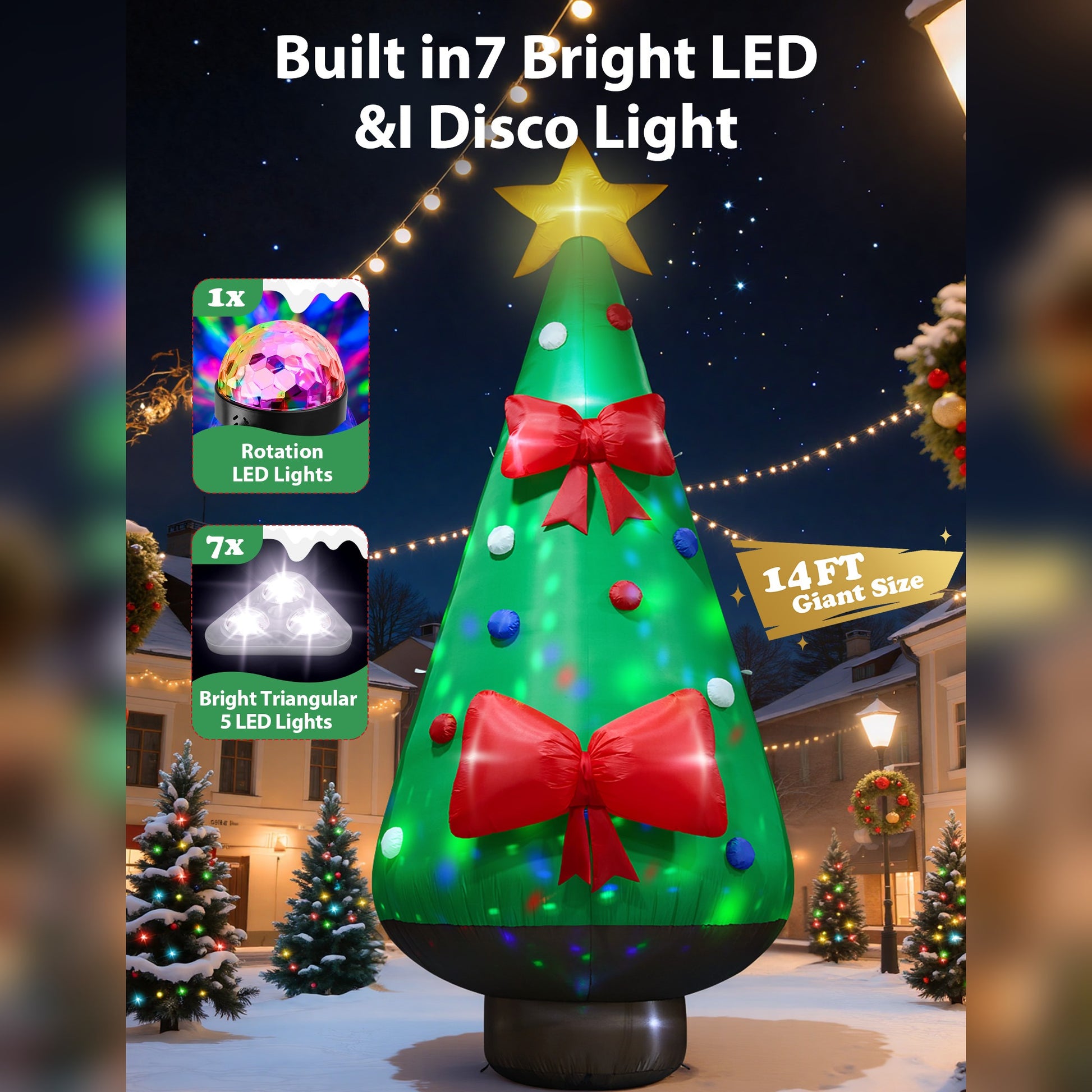 14FT Giant Inflatable Christmas Tree with Star Topper, Built-in LED & Rotating Disco Lights for Yard, Lawn & Outdoor Christmas Decoration