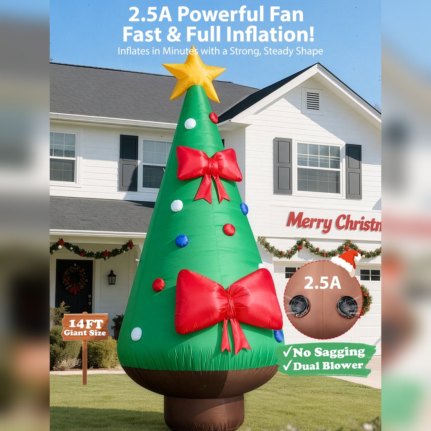 14FT Giant Inflatable Christmas Tree with Star Topper, Built-in LED & Rotating Disco Lights for Yard, Lawn & Outdoor Christmas Decoration