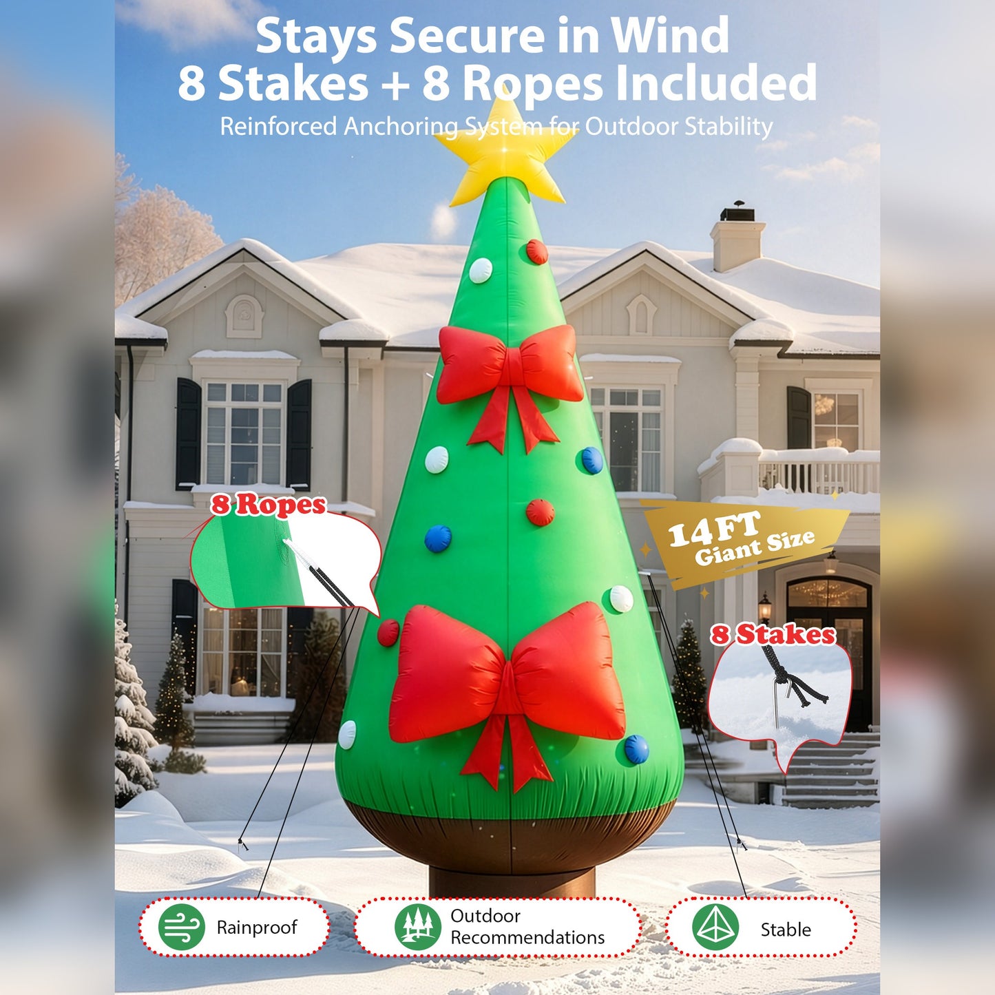 14FT Giant Inflatable Christmas Tree with Star Topper, Built-in LED & Rotating Disco Lights for Yard, Lawn & Outdoor Christmas Decoration