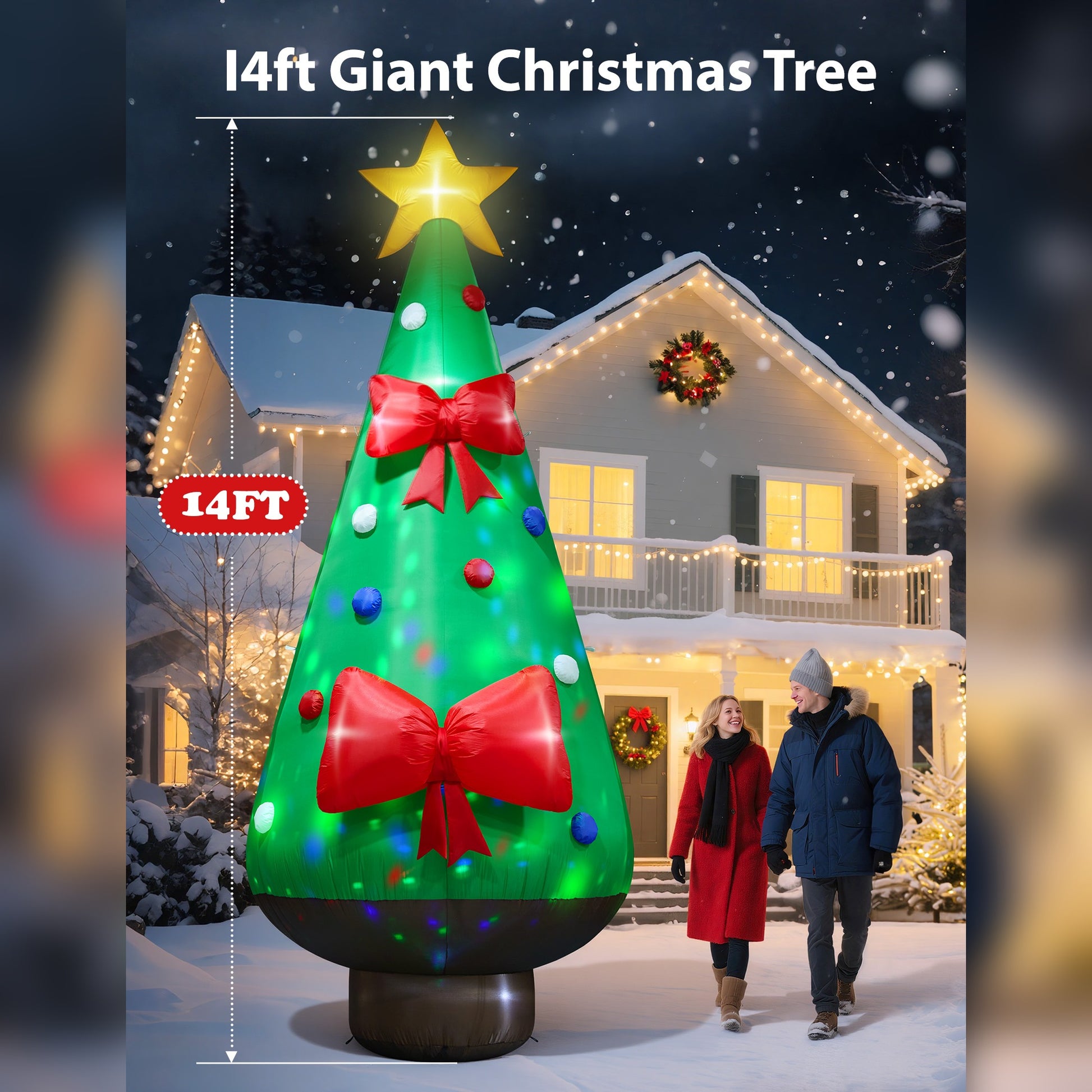 14FT Giant Inflatable Christmas Tree with Star Topper, Built-in LED & Rotating Disco Lights for Yard, Lawn & Outdoor Christmas Decoration