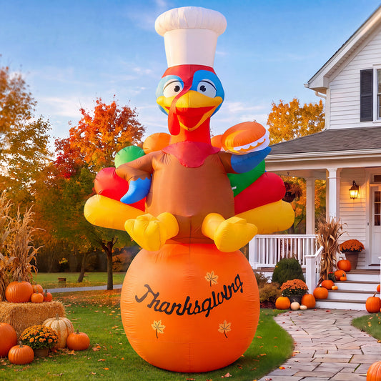 14FT Inflatable Thanksgiving Chef Turkey on Pumpkin with LED Lights for Yard & Harvest Party
