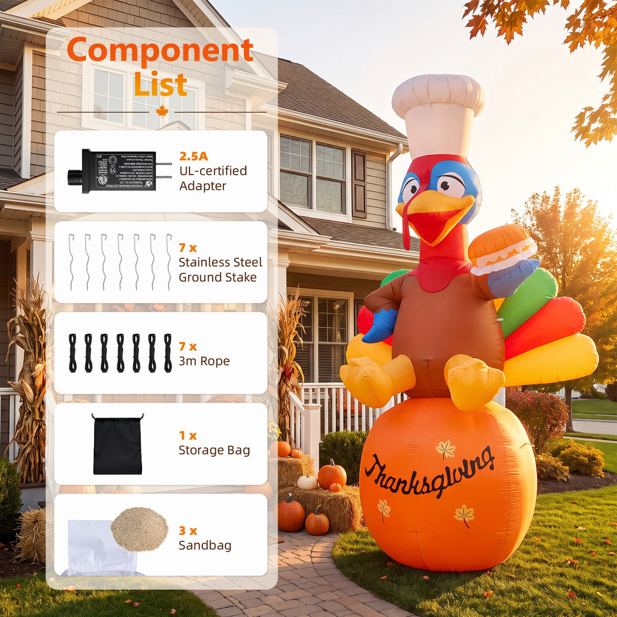 14FT Inflatable Thanksgiving Chef Turkey on Pumpkin with LED Lights for Yard & Harvest Party