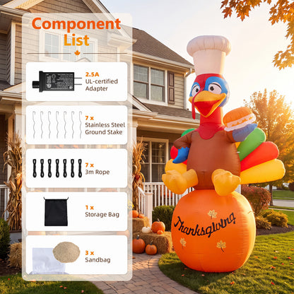 14FT Inflatable Thanksgiving Chef Turkey on Pumpkin with LED Lights for Yard & Harvest Party