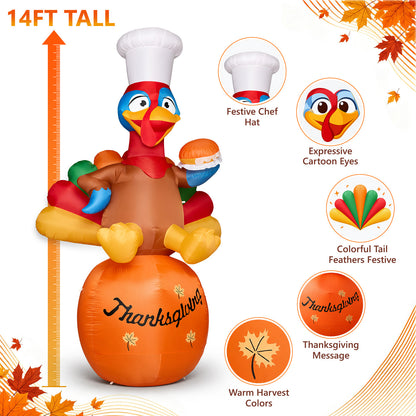 14FT Inflatable Thanksgiving Chef Turkey on Pumpkin with LED Lights for Yard & Harvest Party