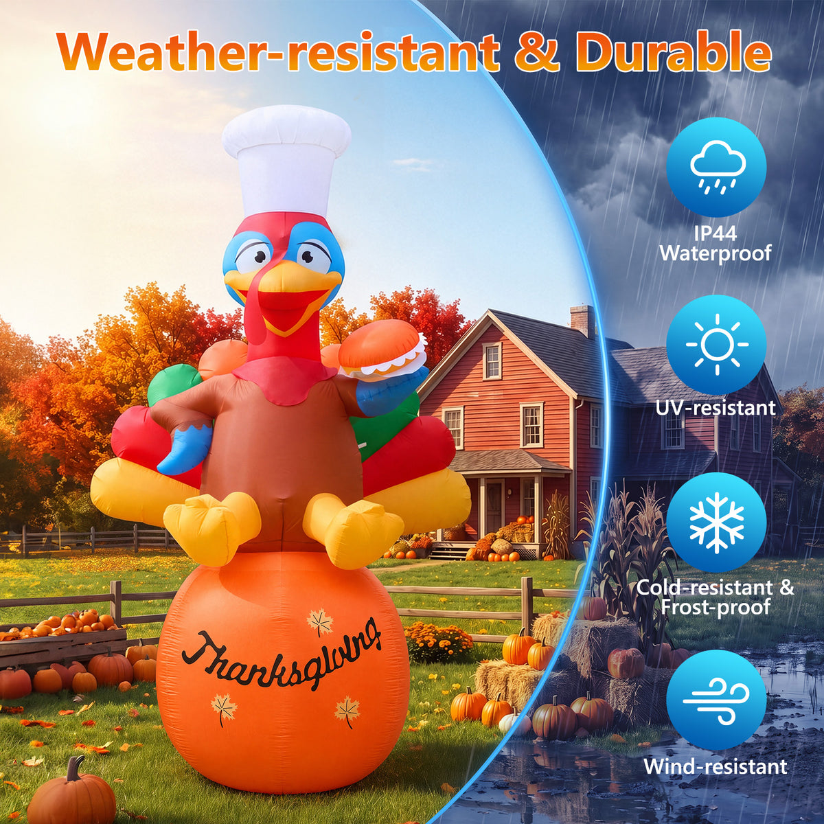 14FT Inflatable Thanksgiving Chef Turkey on Pumpkin with LED Lights for Yard & Harvest Party