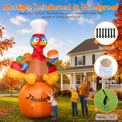 14FT Inflatable Thanksgiving Chef Turkey on Pumpkin with LED Lights for Yard & Harvest Party