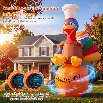 14FT Inflatable Thanksgiving Chef Turkey on Pumpkin with LED Lights for Yard & Harvest Party