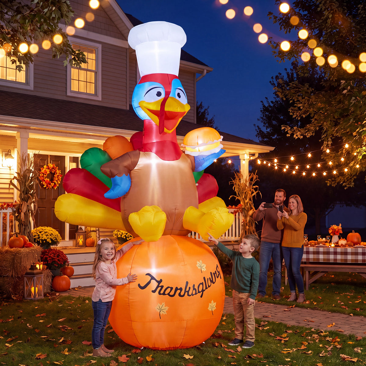 14FT Inflatable Thanksgiving Chef Turkey on Pumpkin with LED Lights for Yard & Harvest Party