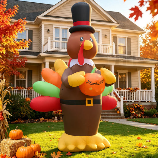 14FT Inflatable Thanksgiving Turkey with Pilgrim Hat & Harvest Pumpkin with LED Lights for Yard & Fall Party
