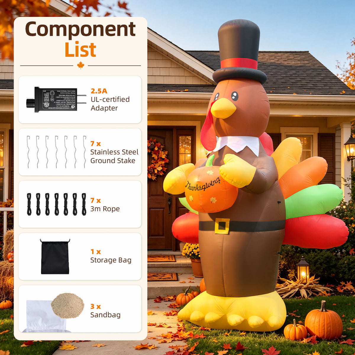 14FT Inflatable Thanksgiving Turkey with Pilgrim Hat & Harvest Pumpkin with LED Lights for Yard & Fall Party
