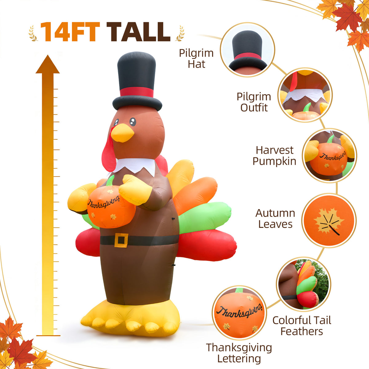 14FT Inflatable Thanksgiving Turkey with Pilgrim Hat & Harvest Pumpkin with LED Lights for Yard & Fall Party