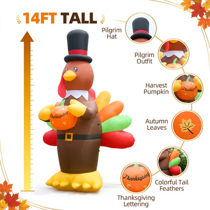 14FT Inflatable Thanksgiving Turkey with Pilgrim Hat & Harvest Pumpkin with LED Lights for Yard & Fall Party