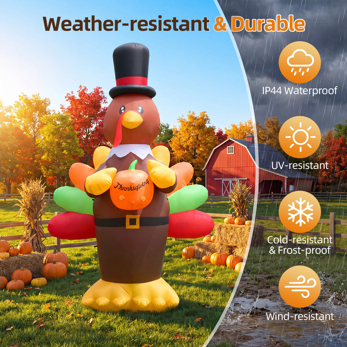 14FT Inflatable Thanksgiving Turkey with Pilgrim Hat & Harvest Pumpkin with LED Lights for Yard & Fall Party