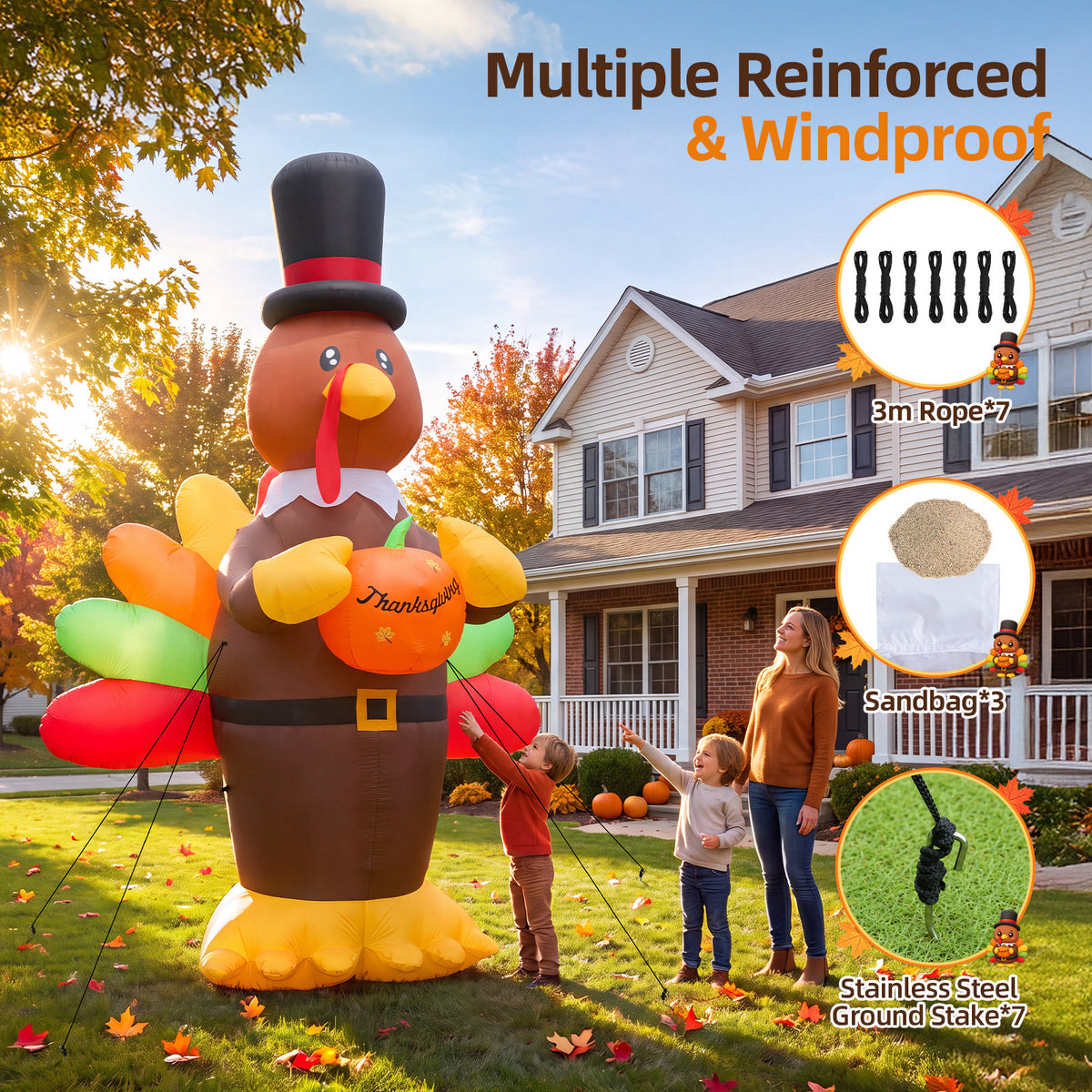 14FT Inflatable Thanksgiving Turkey with Pilgrim Hat & Harvest Pumpkin with LED Lights for Yard & Fall Party
