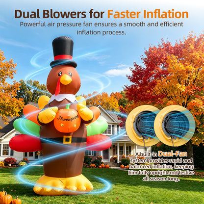 14FT Inflatable Thanksgiving Turkey with Pilgrim Hat & Harvest Pumpkin with LED Lights for Yard & Fall Party