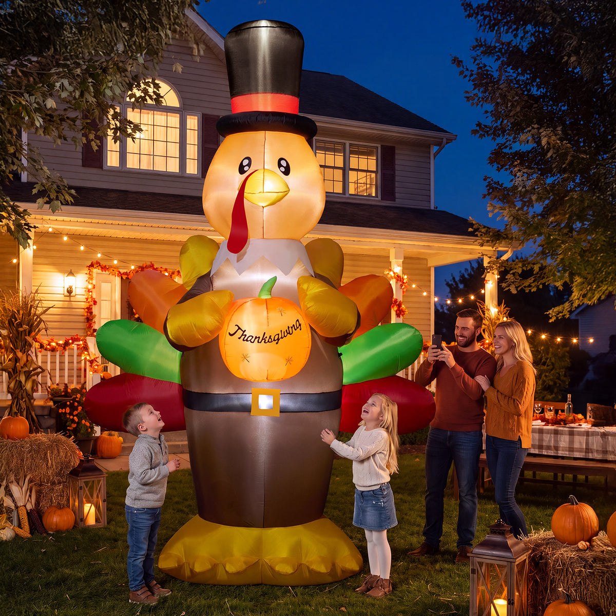 14FT Inflatable Thanksgiving Turkey with Pilgrim Hat & Harvest Pumpkin with LED Lights for Yard & Fall Party
