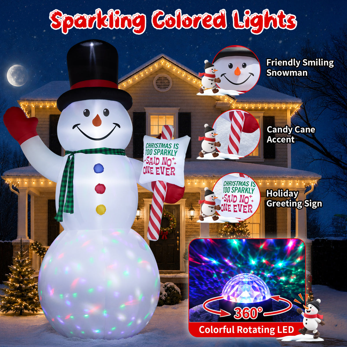 15FT Inflatable Christmas Snowman with Candy Cane Sign & Rotating LED Lights for Yard & Holiday Party