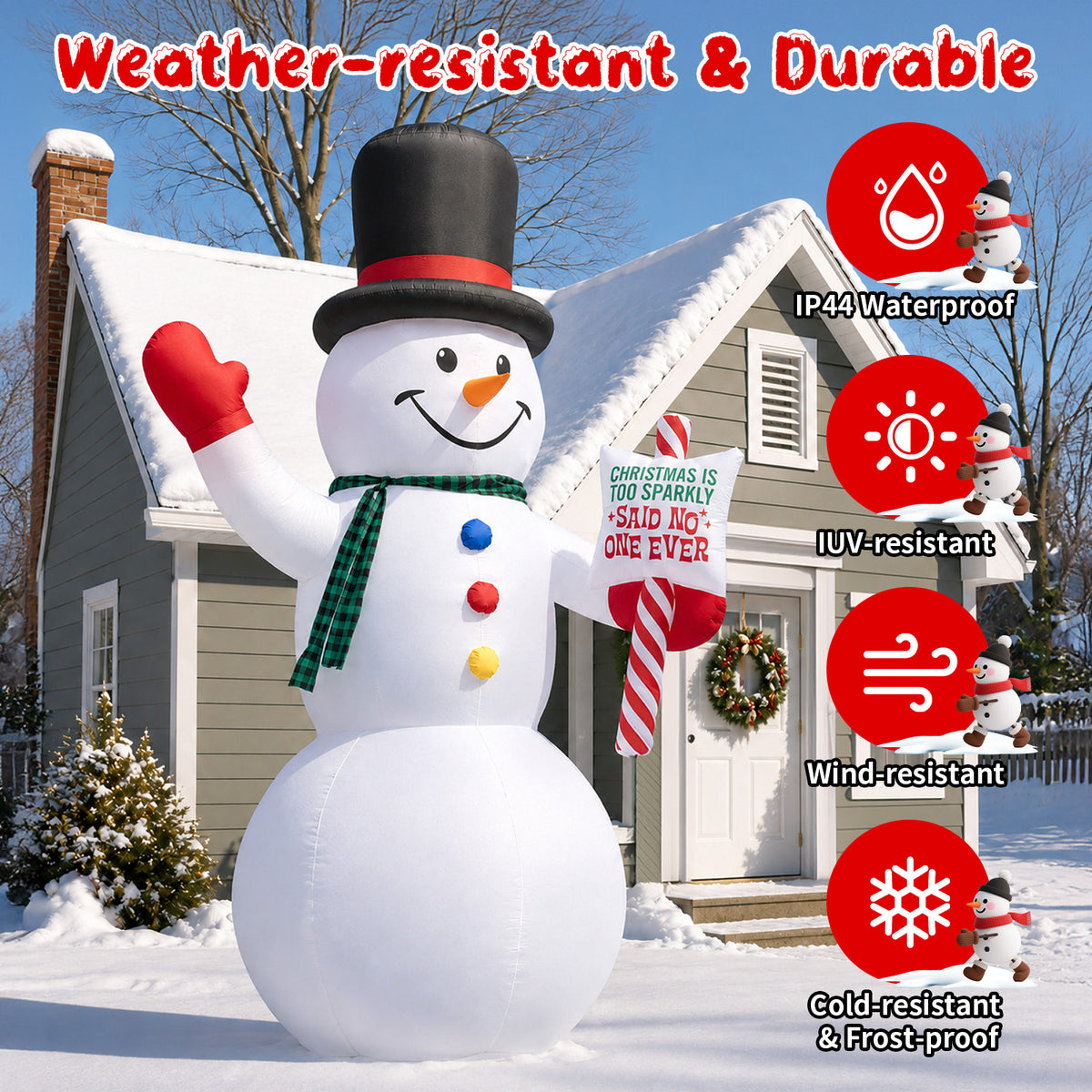 15FT Inflatable Christmas Snowman with Candy Cane Sign & Rotating LED Lights for Yard & Holiday Party