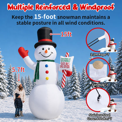 15FT Inflatable Christmas Snowman with Candy Cane Sign & Rotating LED Lights for Yard & Holiday Party