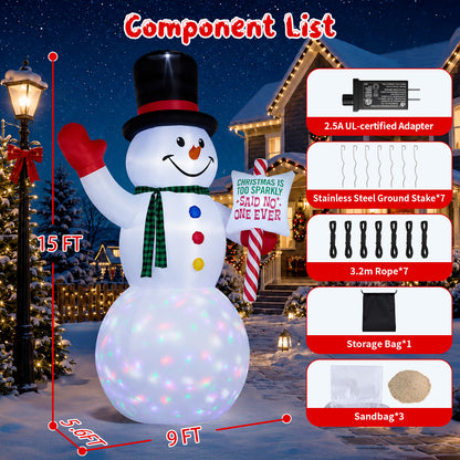 15FT Inflatable Christmas Snowman with Candy Cane Sign & Rotating LED Lights for Yard & Holiday Party