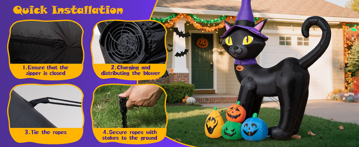 6FT Inflatable Black Cat with Witch Hat Decoration with LED Lights for Yard & Halloween Party - view 13