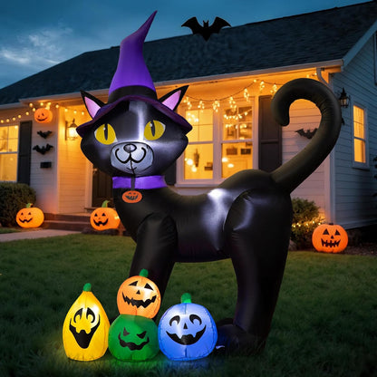 6FT Inflatable Black Cat with Witch Hat Decoration with LED Lights for Yard & Halloween Party - view 2