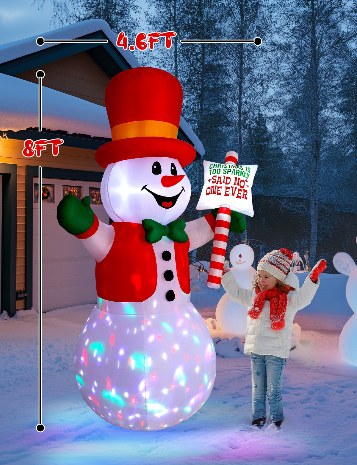 8FT inflatable snowman holding a sign with rotating disco LED for Christmas yard decoration
