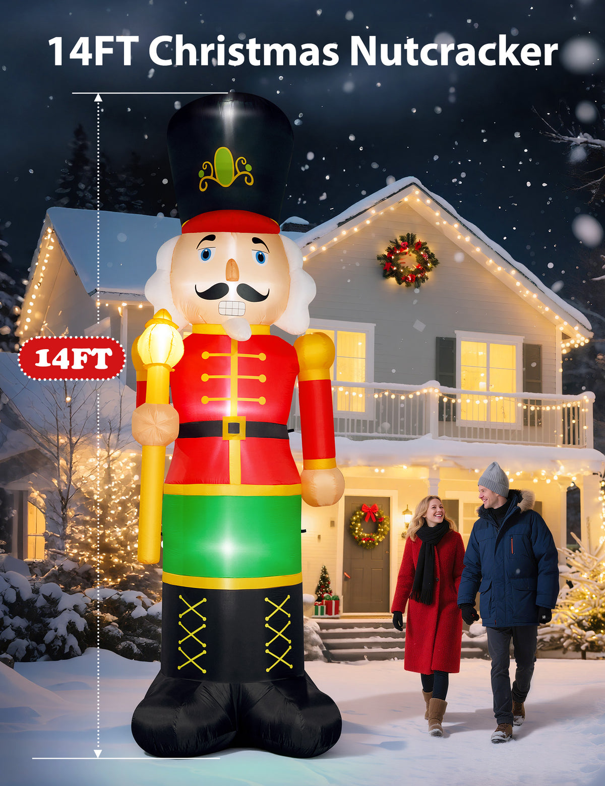 14FT giant inflatable nutcracker soldier in a red jacket with a gold staff
