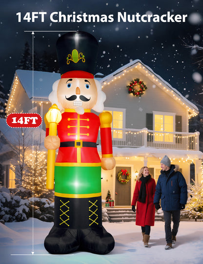 14FT giant inflatable nutcracker soldier in a red jacket with a gold staff