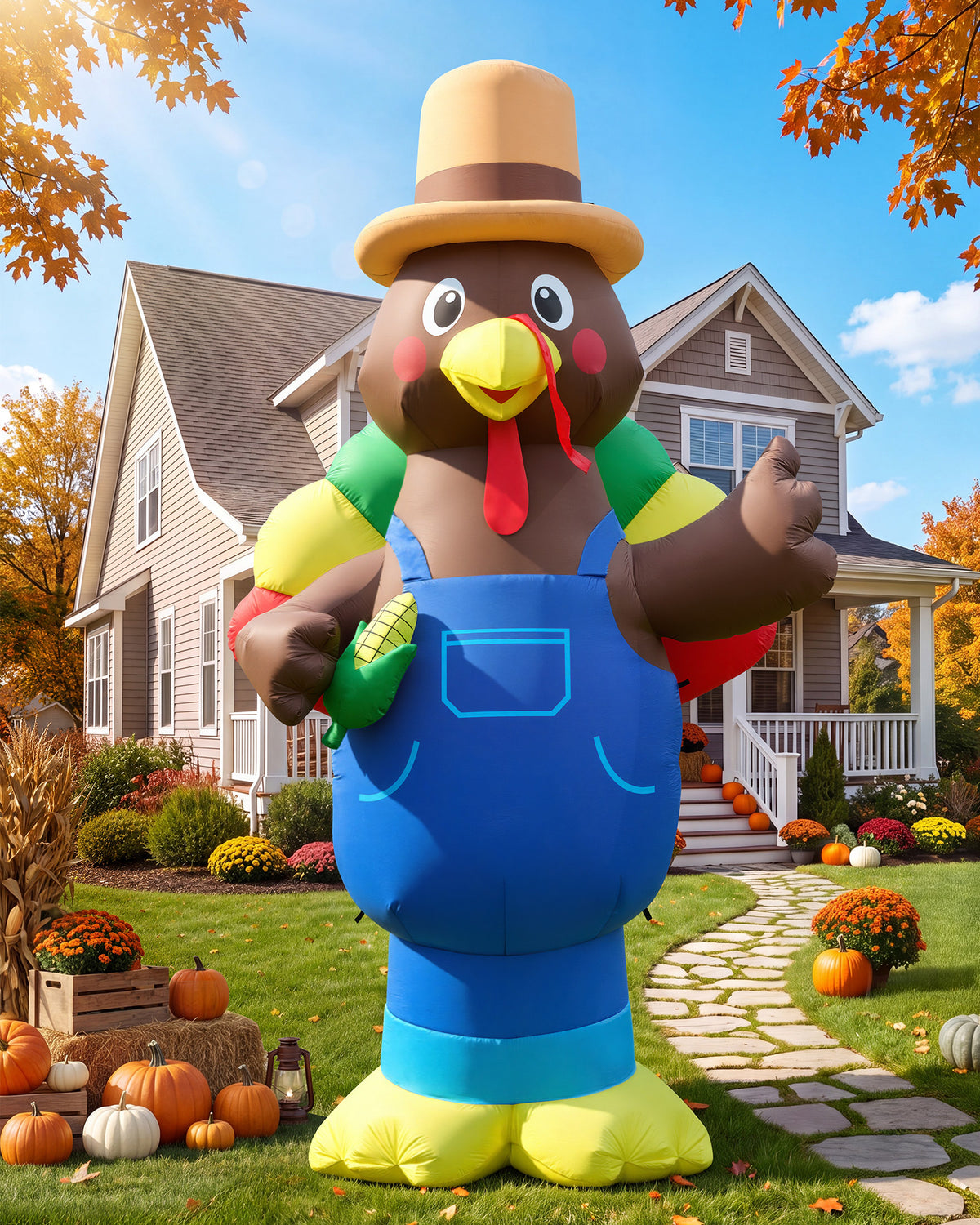 14FT giant inflatable Thanksgiving turkey in blue overalls with a farmer hat and corn