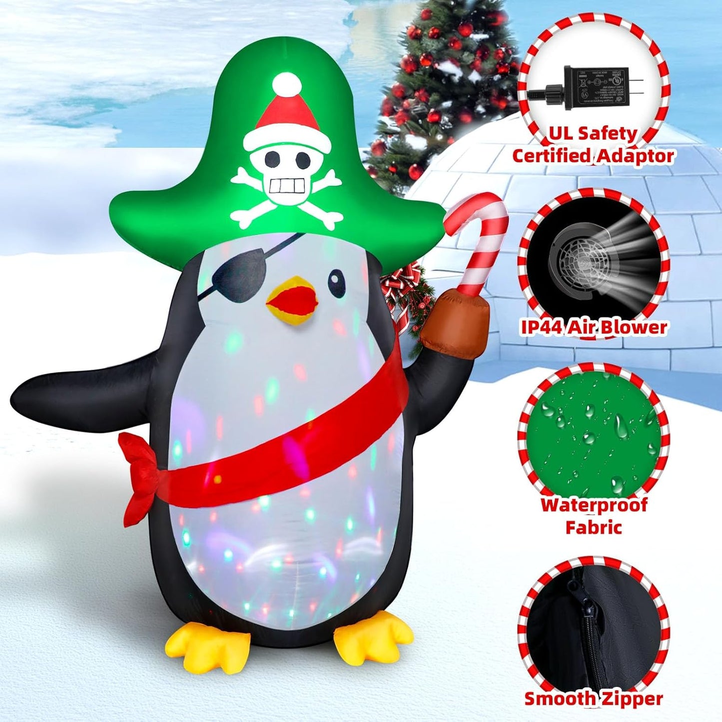 6FT Inflatable Pirate Penguin Decoration with Rotating Colored LED for Yard & Christmas Party - view 4