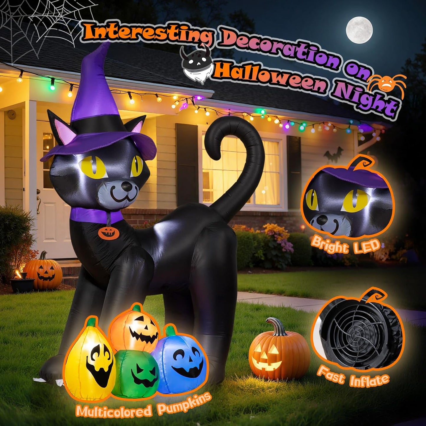 6FT Inflatable Black Cat with Witch Hat Decoration with LED Lights for Yard & Halloween Party - view 5