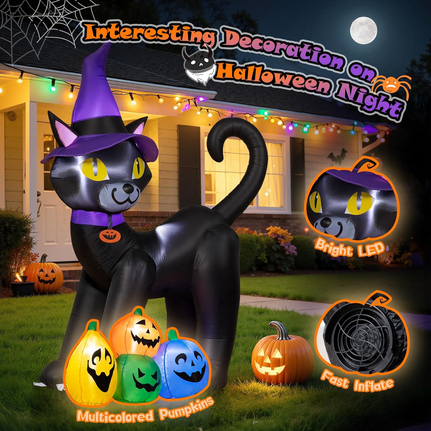 6FT Inflatable Black Cat with Witch Hat Decoration with LED Lights for Yard & Halloween Party - view 5