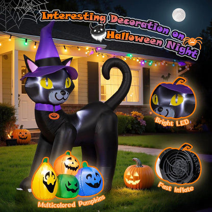 6FT Inflatable Black Cat with Witch Hat Decoration with LED Lights for Yard & Halloween Party - view 5