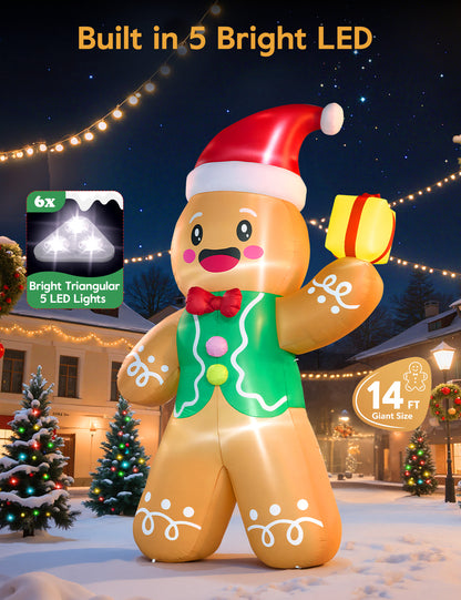 14FT giant inflatable gingerbread man in a Santa hat holding a gift box