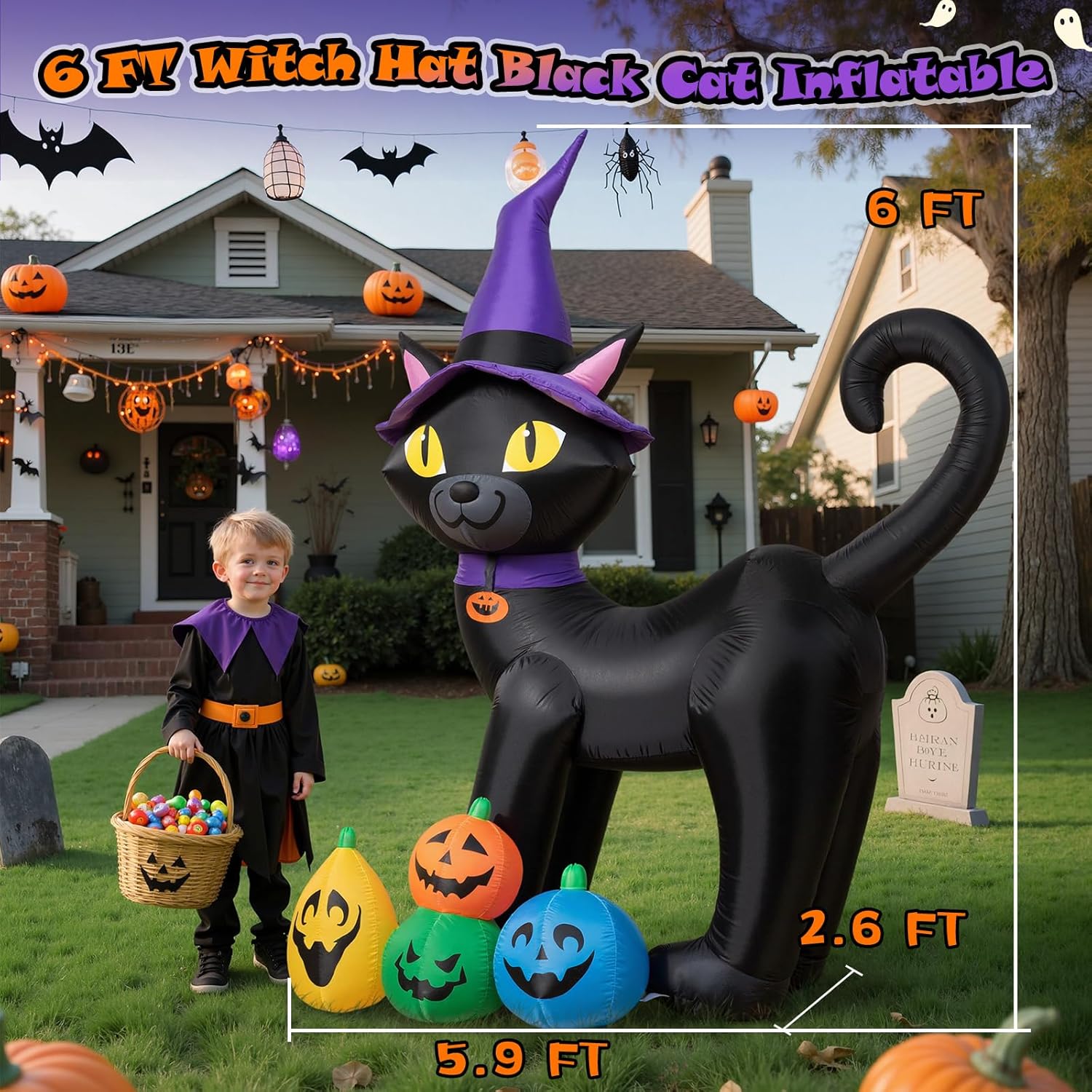6FT Inflatable Black Cat with Witch Hat Decoration with LED Lights for Yard & Halloween Party - view 3