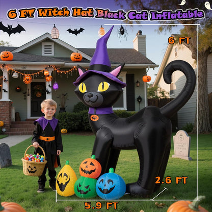 6FT Inflatable Black Cat with Witch Hat Decoration with LED Lights for Yard & Halloween Party - view 3