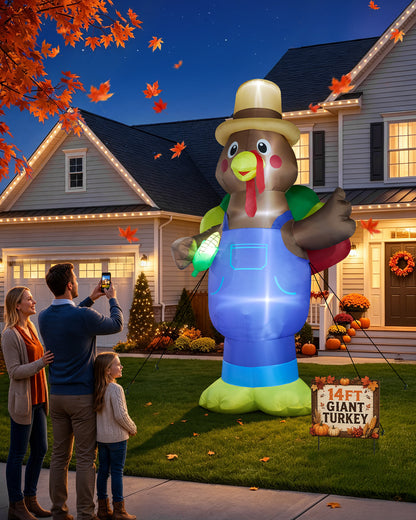 14FT giant inflatable Thanksgiving turkey in blue overalls with a farmer hat and corn
